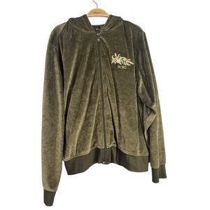 BCBG Max Azria Hoodie Womens 2X Green Velour Embroidered Peacock Y2K Embellished